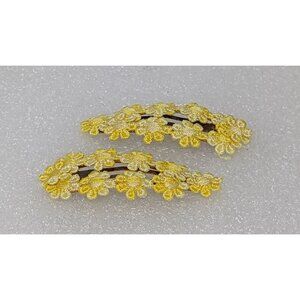 Vintage Floral Yellow Embroidered Flower Hair Barrettes Clips set of 2